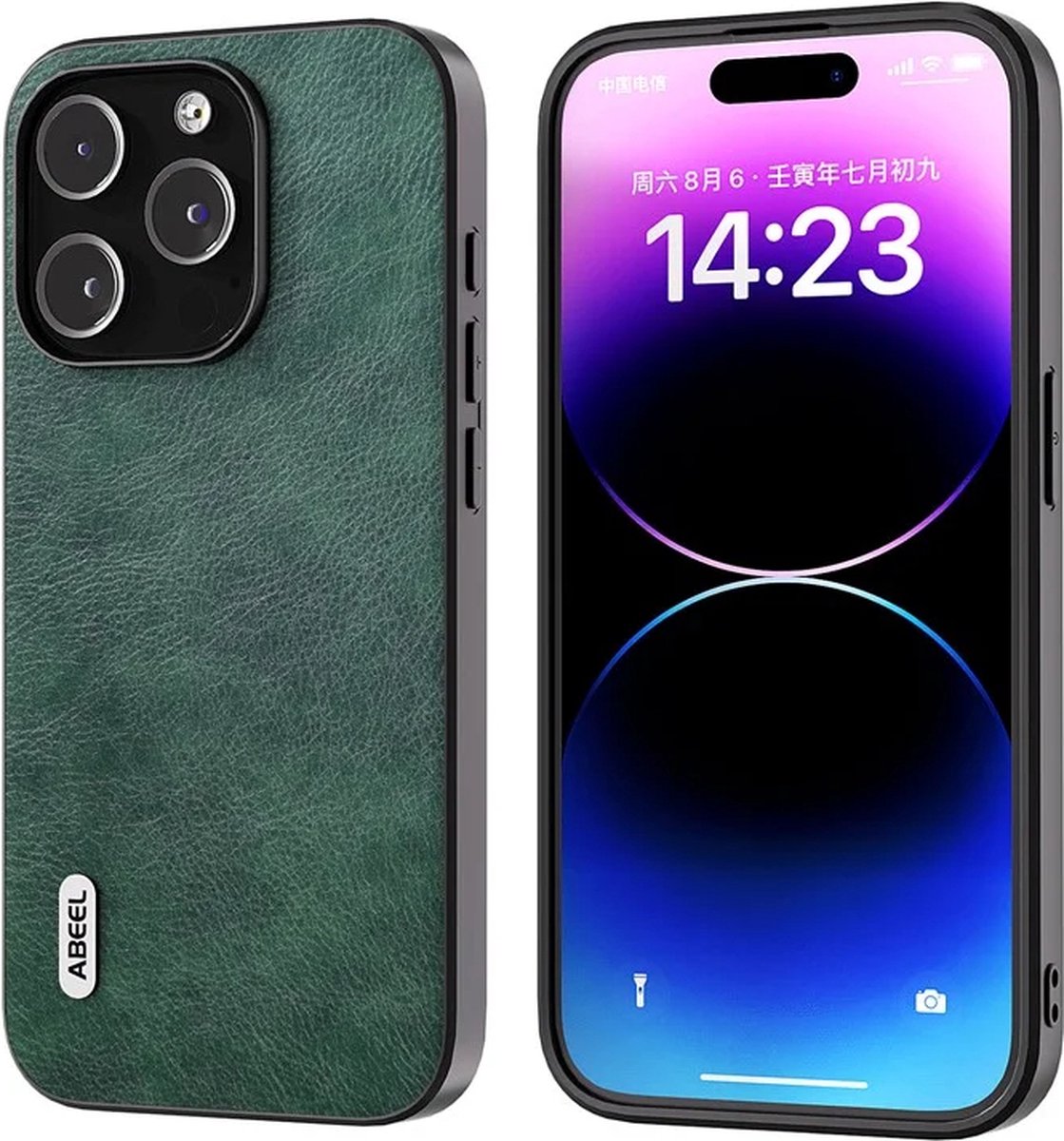 ABEEL – iPhone 15 Pro – Backcover hoesjes – Cowhide Leather+PC+TPU – Litchi – Anti-Scratch – Groen