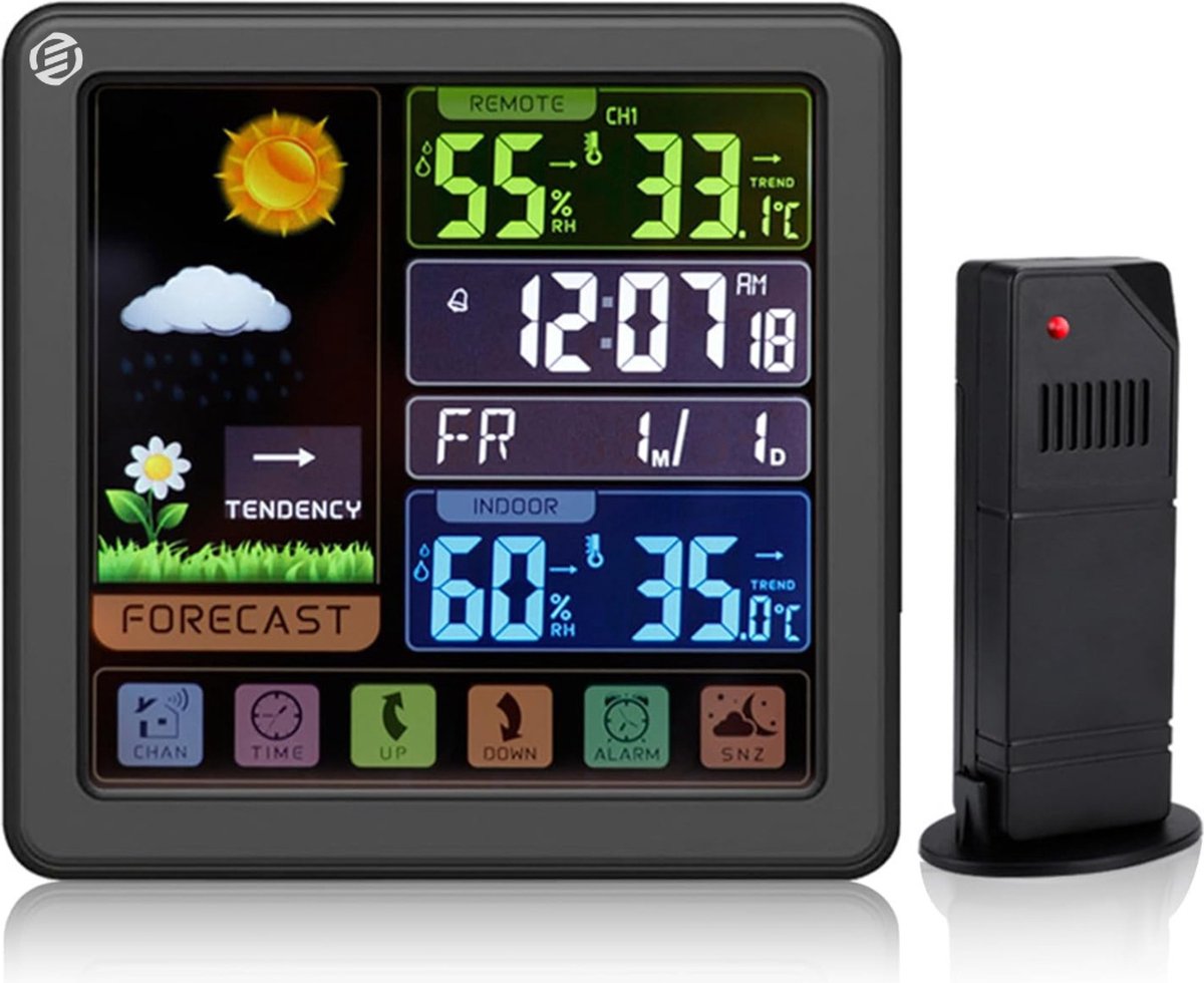 Equivera Weerstation Binnen en Buiten - Hygrometer - Thermometer - Digitaal voor Binnen en Buiten - Luchtvochtigheidsmeter - Geavanceerde Versie