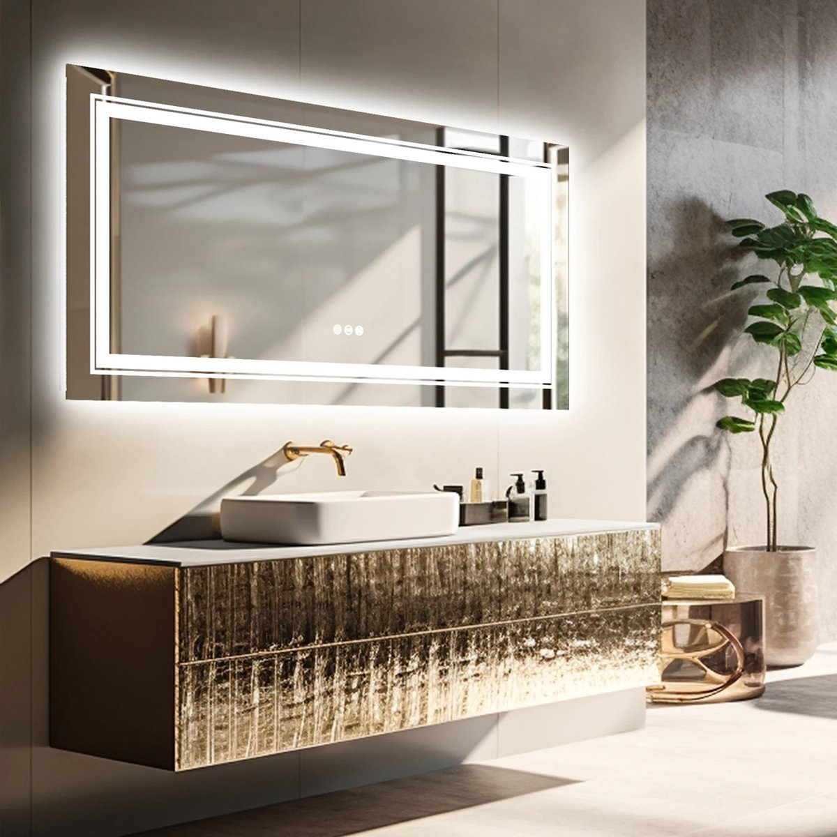 DHN Grote Badkamers spiegel met Led Verlichting - Spiegel met Dimbare verlichting - Salonspiegel met Led verlichting - Anti Mist - Wandspiegel met Led Verlichting