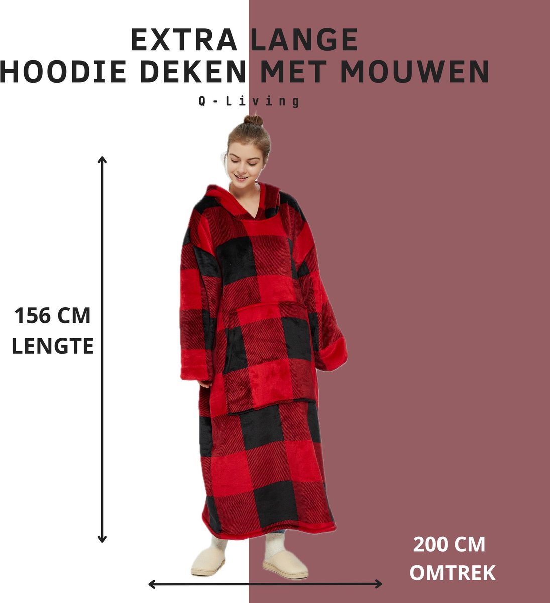 Q-Living Hoodie Deken - Extra Lang & Dik - Plaid Met Mouwen - Snuggle Hoodie - Fleece Deken Met Mouwen - Rood Zwart Extra Lang — cadeau in Wonen & Interieur - foto 5