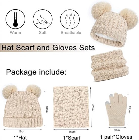 Set van een crèmekleurige muts met pompons, nekwarmer en handschoenen, met afmetingen.