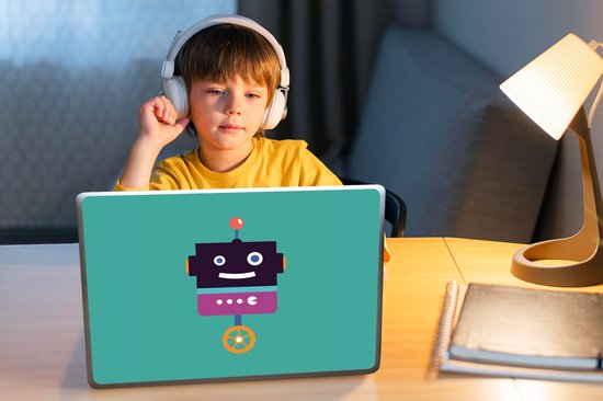 Laptop sticker - 13.3 inch - Robot - Wiel - Paars - Groen - Jongens - Kids - 31x22,5cm - Laptopstickers - Laptop skin - Cover