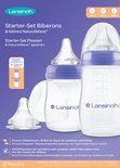Lansinoh Starter Set: 2 babyflesjes (160 ml & 240 ml) en 3 spenen (S, M, L). Paarse ringen.