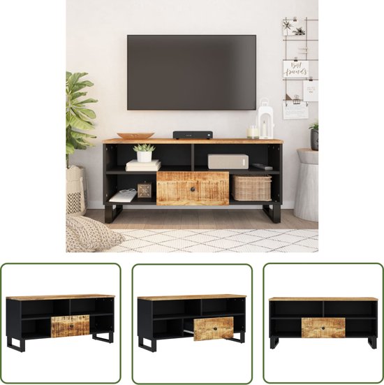 Meuble TV The Living Store - Bois de manguier - 100 x 33 x 46 cm - espace de rangement et fonction d'affichage