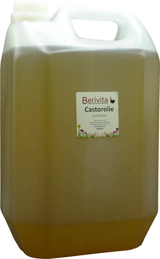 Grote jerrycan met 5 liter lichtgele castorolie van Berivita.