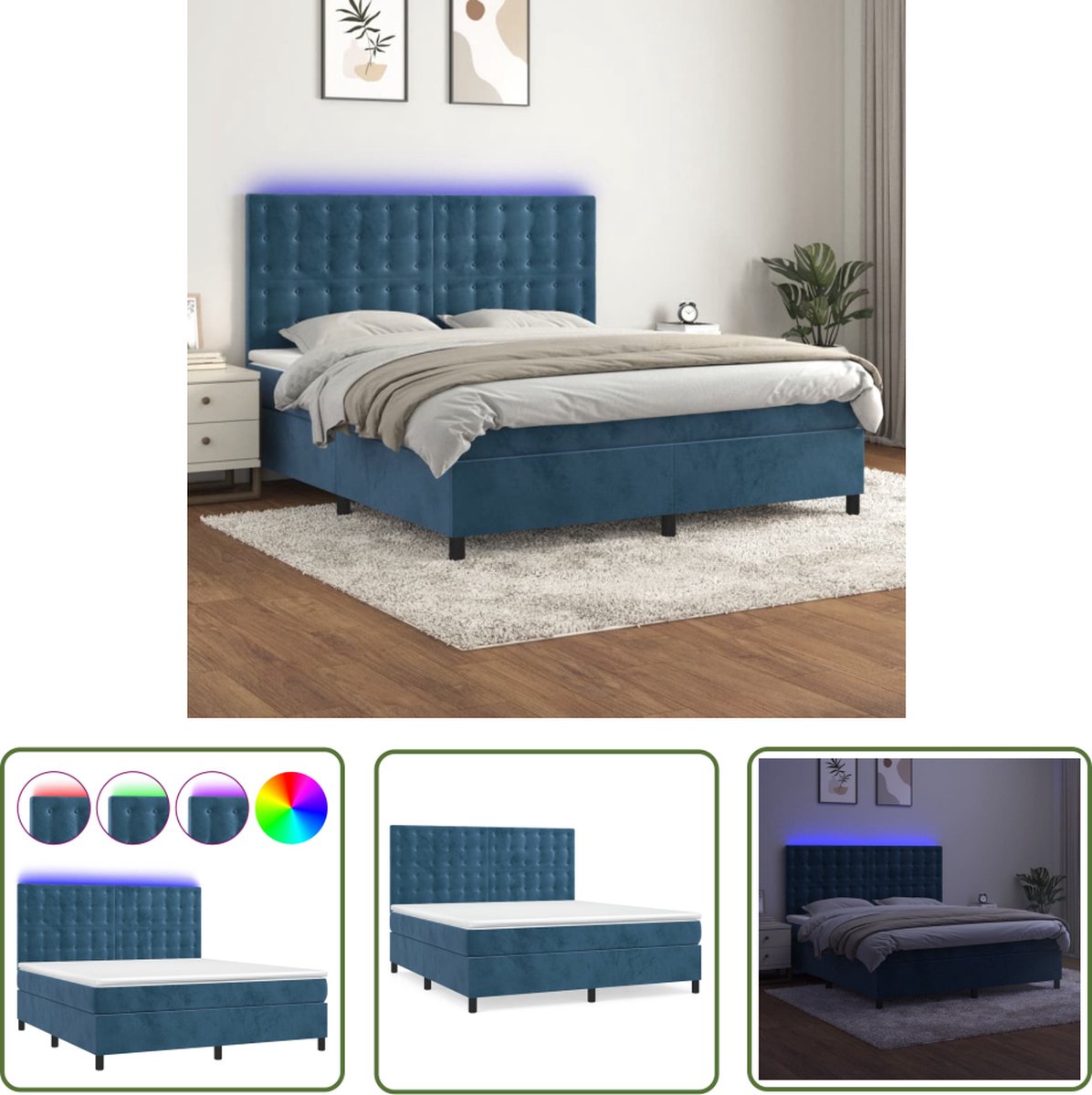 The Living Store Bed - Luxe Boxspring met LED - 160x200 cm - Donkerblauw fluweel