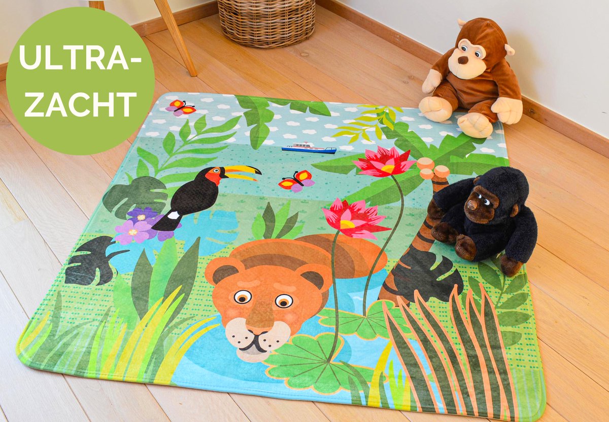 Mats & Joy - Jungle Kindertapijt - 130x130cm - Ultrazacht - Anti-slip - Wasbaar - Tapijt Kinderkamer / Tapijt Kinderen / Kindervloerkleed / Kindermat / Mat / Vloerkleed Kinderkamer / Speelmat / Speeltapijt / Speelkleed Dieren