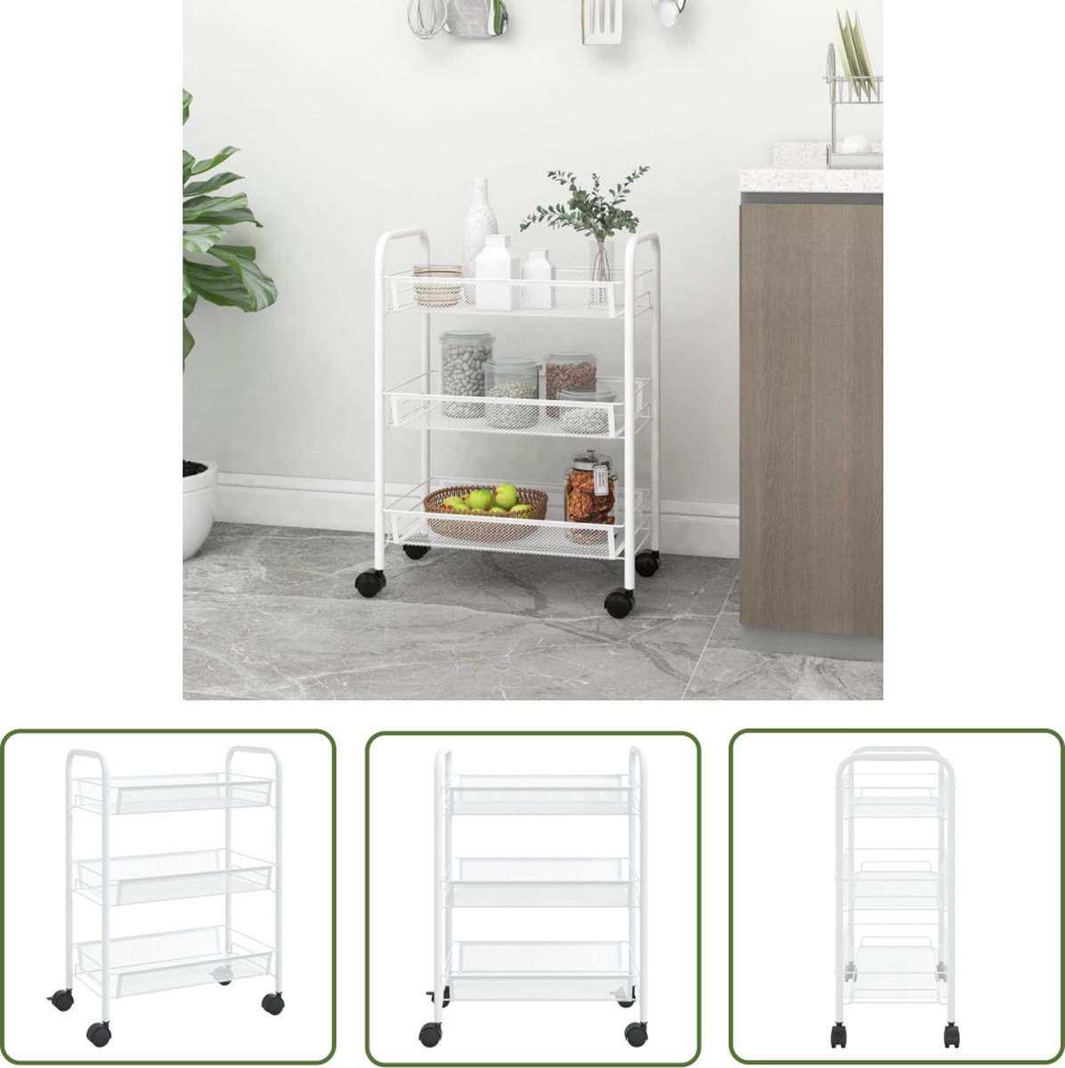The Living Store Huishoudelijke Trolley - IJzeren constructie - 46x26x64 cm - Wit