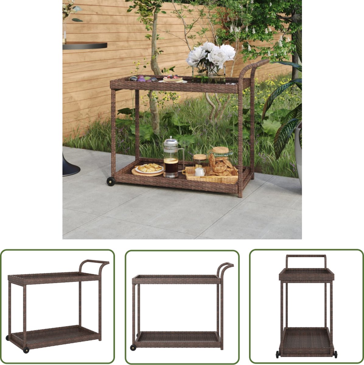 The Living Store Servicewagen Poly Rattan - 100 x 45 x 83 cm - Weerbestendig