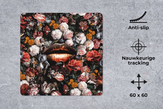 Muismat XXL 60x60 cm - Bureau onderlegger - Bureau mat Lippen - Bloemen - Verf - Oranje - Kunst - Abstract - Oude meesters - Bureaumat - Gaming mousepad xl - Bureaulegger groot - Computer deskmat
