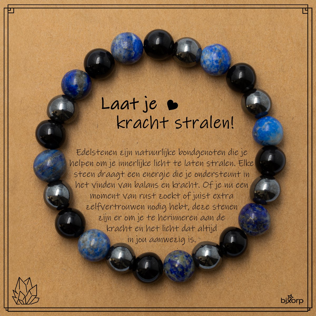 Bixorp Lapis Lazuli + Onyx + Hematiet Armband op Cadeau Kaartje - Laat je Kracht Stralen - 8mm / 18cm Edelsteen Kralenarmband - Inclusief Cadeau Envelop