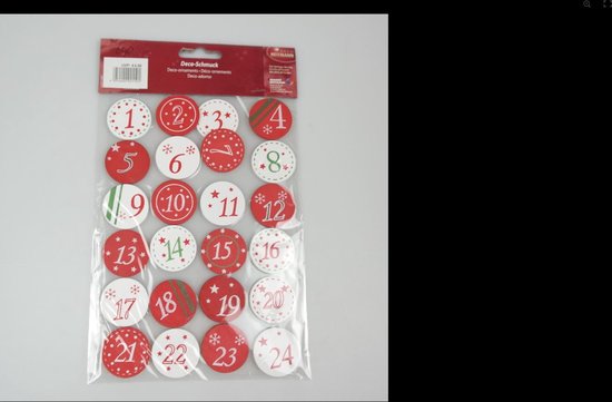 DECO Heitman Houten Advent Kalender Diy Cijfers - Nummers 1 t/m 24 - In hout met plaksticker op de achterkant - groen rood wit - 3.5 cm hoog - Hobby - Knutselmateriaal
