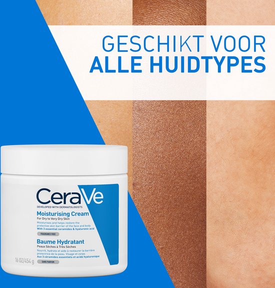 Een CeraVe pot crème op een achtergrond met verschillende huidtinten. Tekst: "GESCHIKT VOOR ALLE HUIDTYPES".