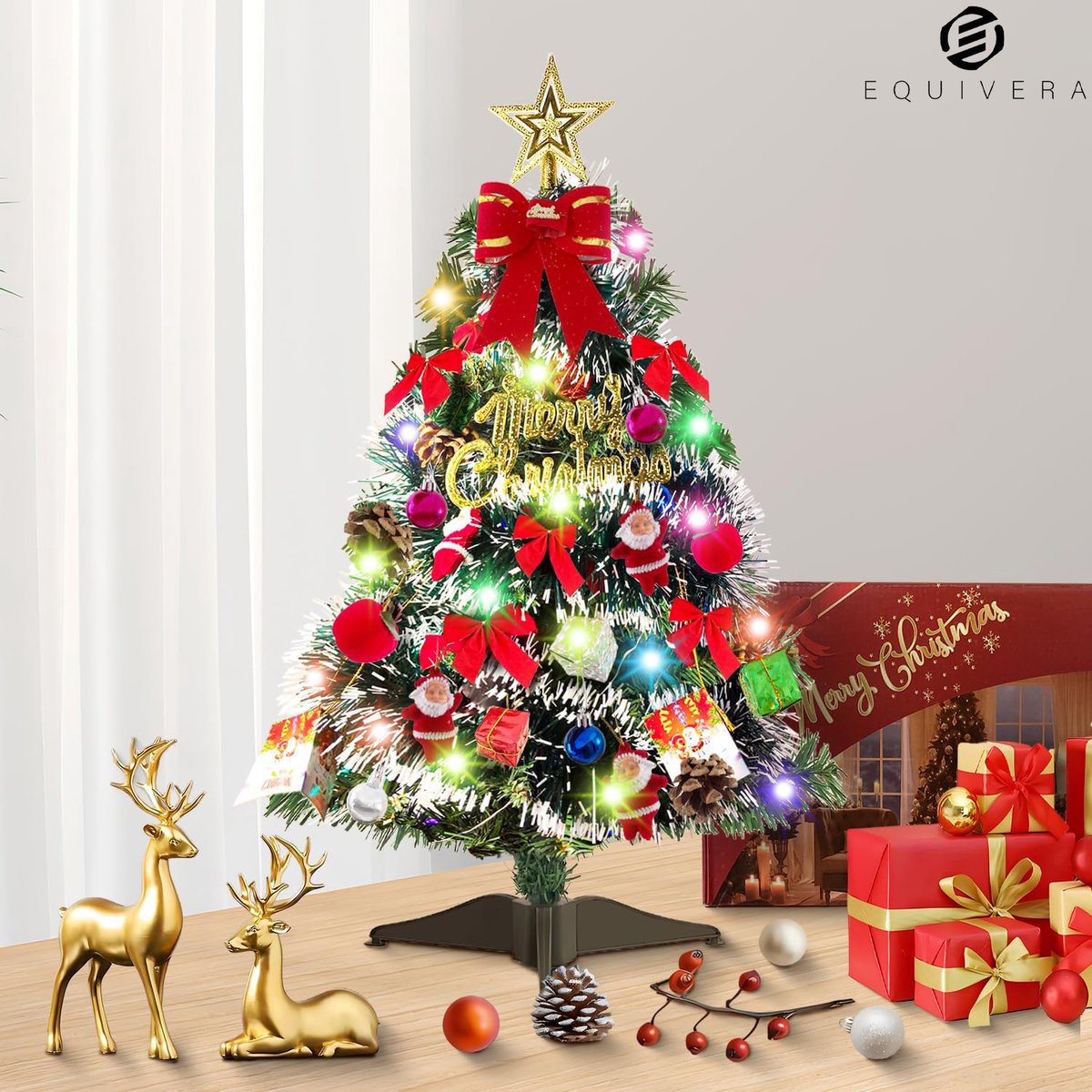 Equivera Mini Kerstboom met Verlichting - Mini Kerstboom met Decoratie - Mini Kerstboom - Mini Kerstboom met Lampjes - Kleine Kerstboom