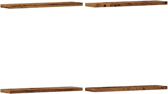 Quatre étagères murales en bois rustique marron.