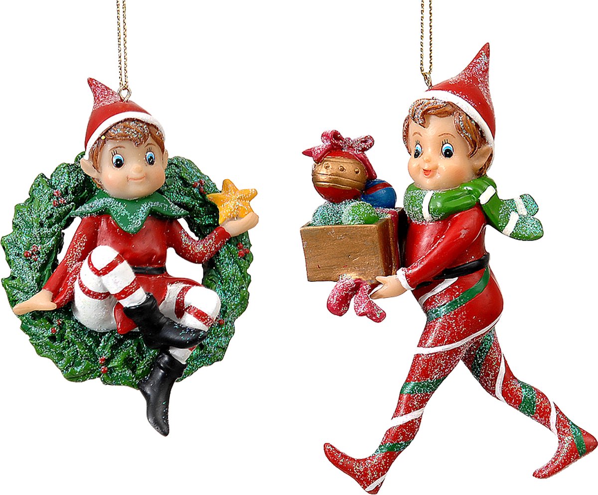 Viv! Christmas Kerstornament - Elfjes Kerstkrans en Cadeautjes - set van 2 - rood groen - 12cm