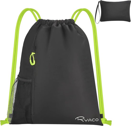 Keyck Trekkoordzakken,Waterdichte Backpack Gym Bag met Schoenenvak en Vochtige Vak, Dames Heren Verstelbaar Ultralight Trekkoordtas Gymtas Sporttas voor Sports School Reizen Zwemmen, Zwart
