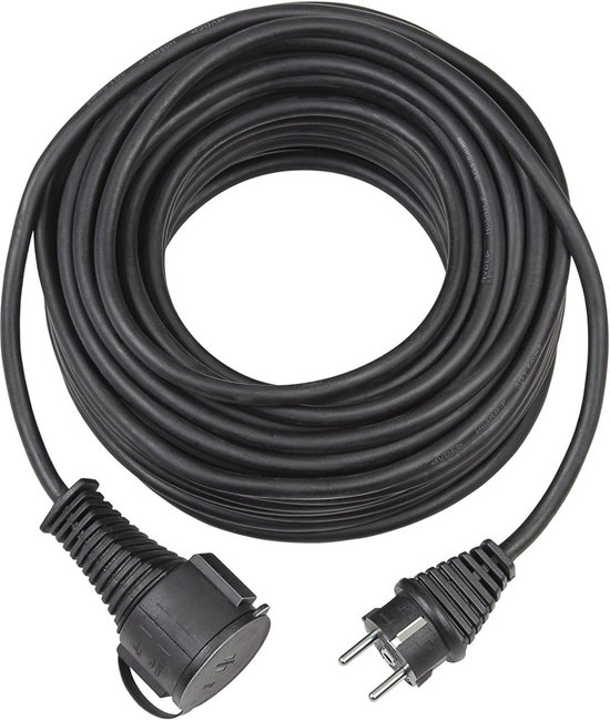 as - Schwabe 60336 Rubberen Verlengkabel met Beschermende Contactspoel Plug, IP44, 230 V/16 A, 20 meter Kabellengte, Zwart