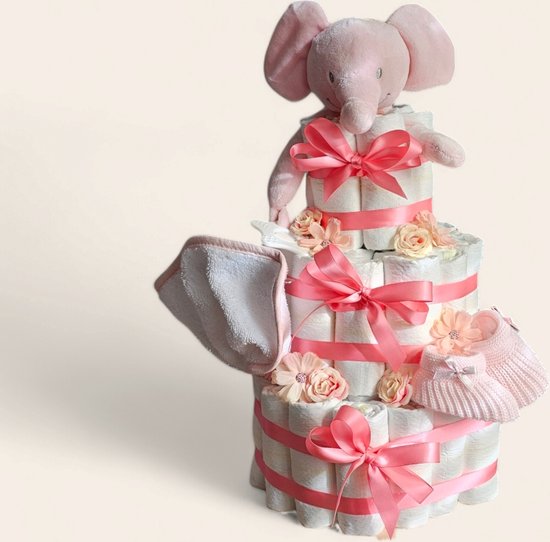 Luiertaart roze met olifant - kraam cadeau voor meisje - babyshower cadeau — afbeelding 3