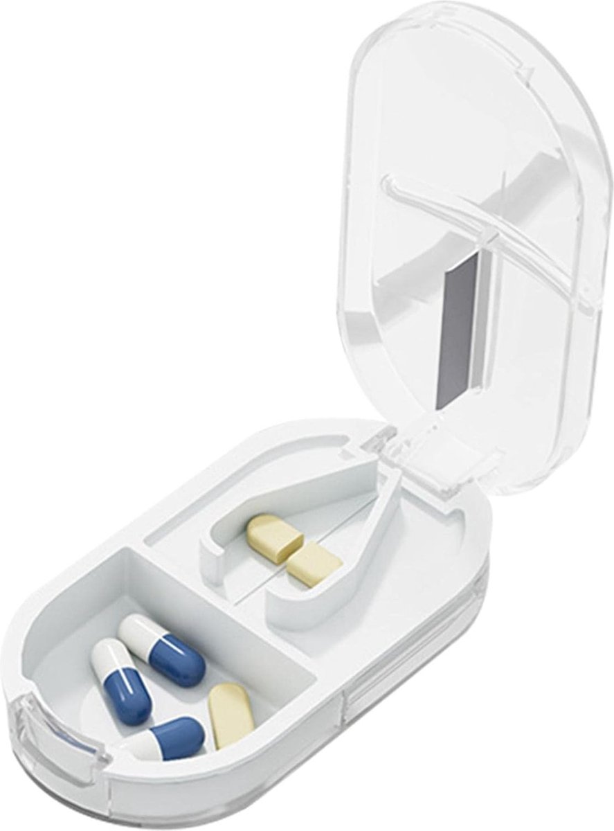 Goedkoopste Luxe Pillensnijder & Pillendoosje In 1 I Pil Bewaardoosje I Medicijn Doosje I 2 Compartimenten I Waterdicht I Wit