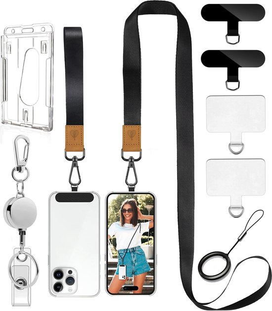 Universeel Telefoonkoord Set met 4 Bevestigingsplaatjes, Badgehouder & Uittrekbare Sleutelhanger - Lanyard Keycord Strap - Sleutelkoord Telefoonketting - Telefoon Koord - Keykoord Pashouder- Phone Ketting/Cord -GSM Nekkoord Zwart