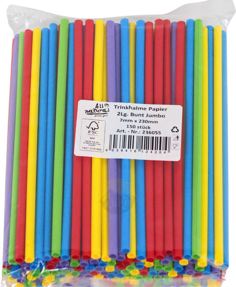 KURTT, 150 Papieren rietjes, biologisch afbreekbaar, herbruikbaar, cocktail rietjes, 240x7mm, kleurrijk papier, geschikt voor feestjes, bruiloften en gelegenheden, feestrietjes