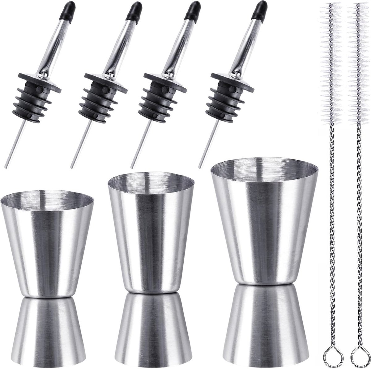 Cocktail Maatbeker Set - 3 Stuks Roestvrij Stalen Jigger met Schenktuiten en Borstels