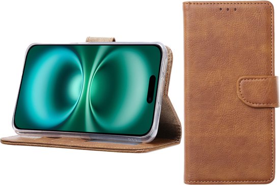 BixB Hoesje Geschikt voor iPhone 16 – portemonnee bookcase met pasjeshouder - Bruin