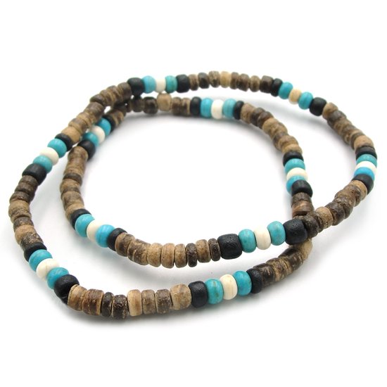 NO EVIL ® kralenketting SURF donkerbruin met kokoskralen en turquoise kraaltjes