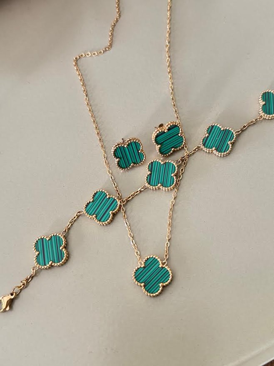EHH BEAUTY - Groene klaverset - Ketting - Oorbellen - Armband - Luxe sieraden set - klaver - Dames sieraden - Klaver 15 mm