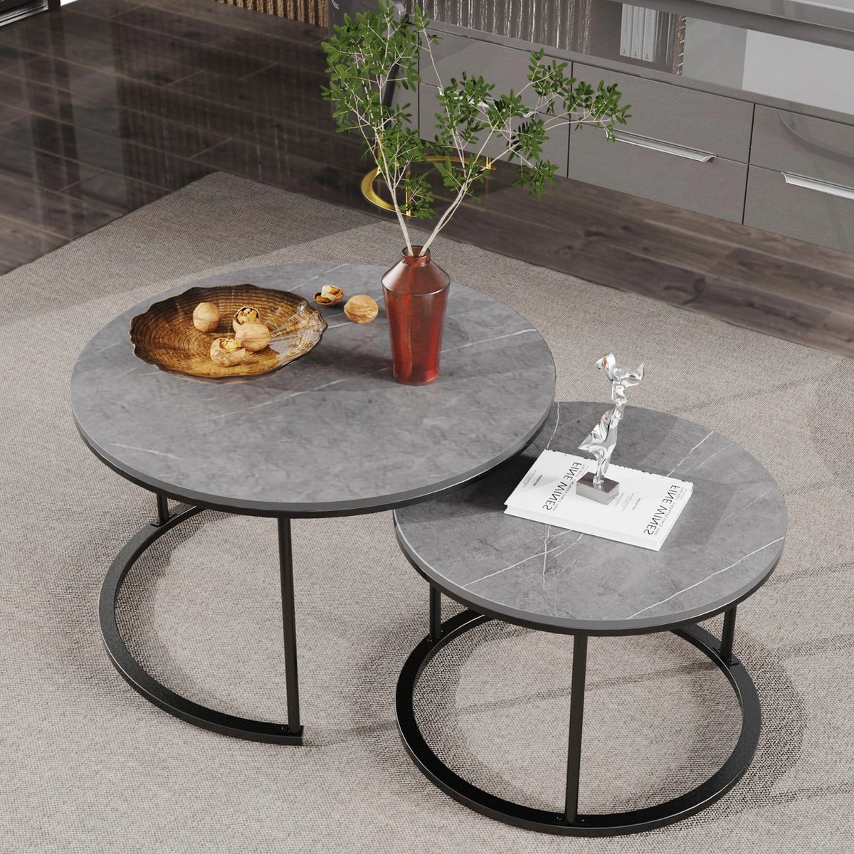 Marmer Salon tafels - Set van 2 echte marmer salontafels - Woonkamer tafels Grijs - Bijzettafels - Marmer Grijs