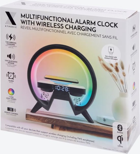 Genius-ICT Multifunctionele Digitale Wekker met Draadloos Opladen, Bluetooth-Speakers & Sfeervolle Kleurenverlichting – Begin Elke Dag Vol Energie!