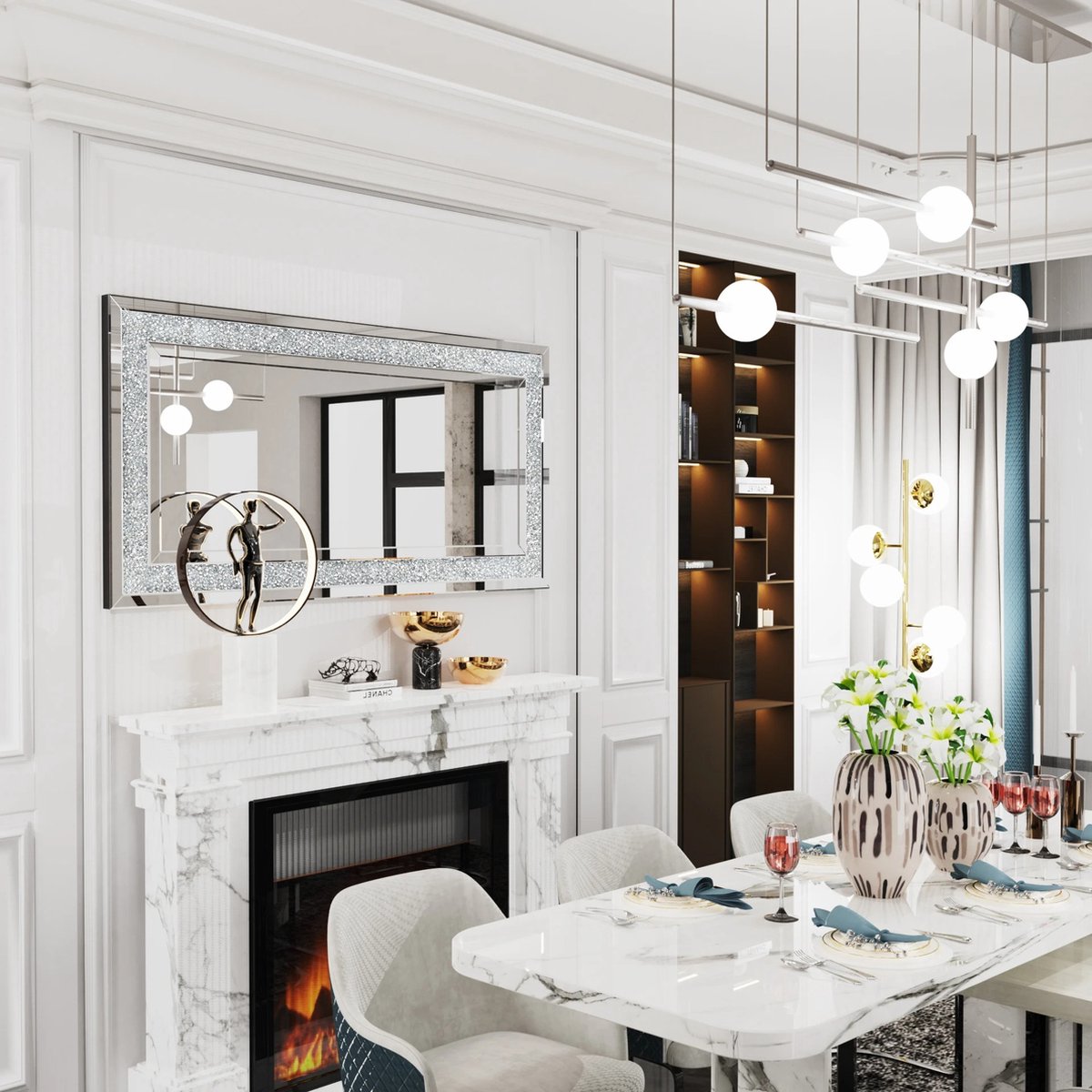 LEEF DHN Grote Spiegel Zilver - Luxueuze Wandspiegel met Kristallen Diamanten - Chique Spiegel - Rechthoekige Wand Spiegel 120x 60 cm - Woonkamer decoratie - Kristal Strass Diamant Spiegel -Dressing Spiegel