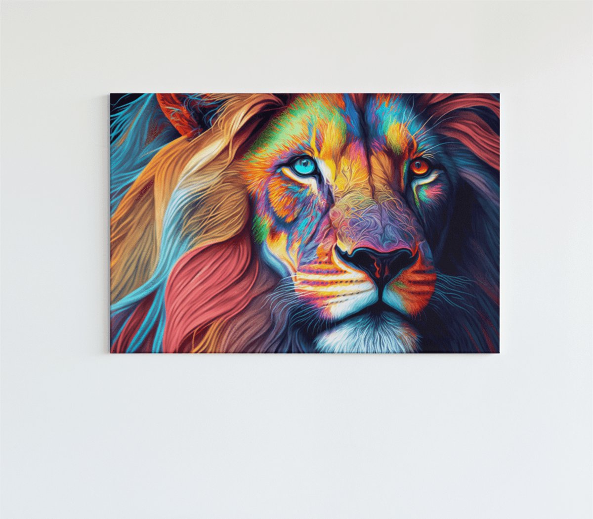 Trendex Global Canvas Schilderij - Dieren - Leeuw met Regenboog Kleuren - 90x60x2 cm Kleurrijk