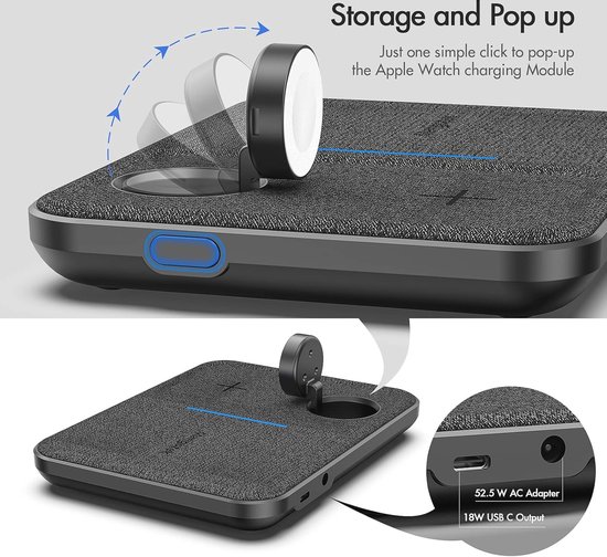 Draadloze Oplader 3 in 1 voor Mobiele Telefoons, Smartwatch en AirPods — afbeelding 4
