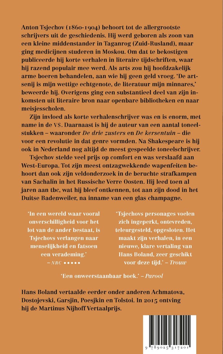 Achterkant van het boek 'De dertig beste verhalen' van Anton Tsjechov, met tekst en een ISBN-barcode.