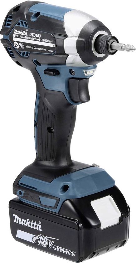Makita DTD153 slagschroevendraaier met turquoise en zilveren details en zwarte grip.