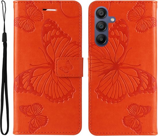 Étui de téléphone orange avec relief de papillon, dragonne et découpe caméra.