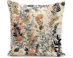 Velvet kussenhoes 50x50 - Bloemen op crèmekleurig - Fluweel kussensloop - Aan beide zijdig bedrukt