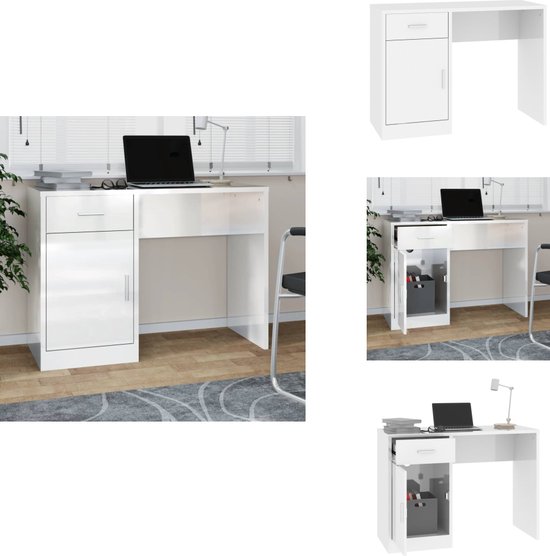 vidaXL - Bureau - met - kast - en - lade - 100x40x73 - cm - bewerkt - hout - hoogglans - wit