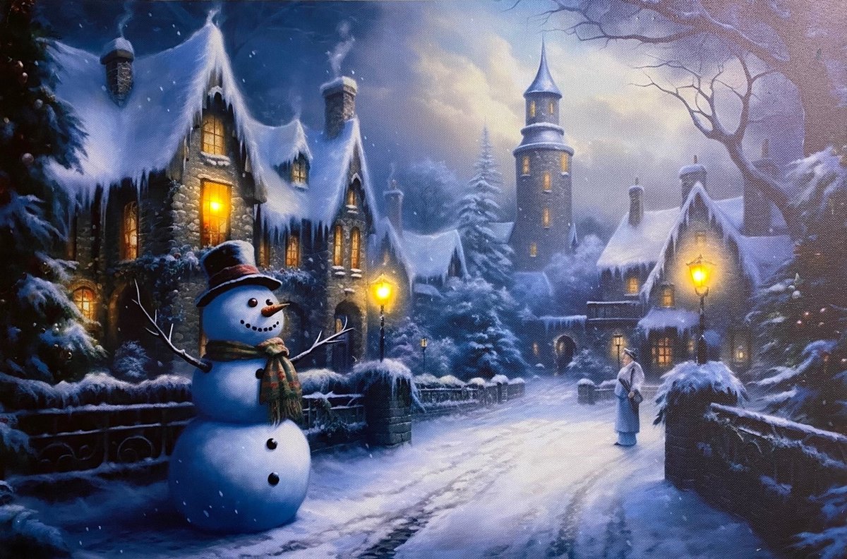 Schilderij groot met led verlichting - Canvas op houten frame - Winters dorpsstraatje met Toren en Sneeuwpop - 3 x LED - 60 x 40 cm - Kersthuisjes en Kerstdorp met verlichting