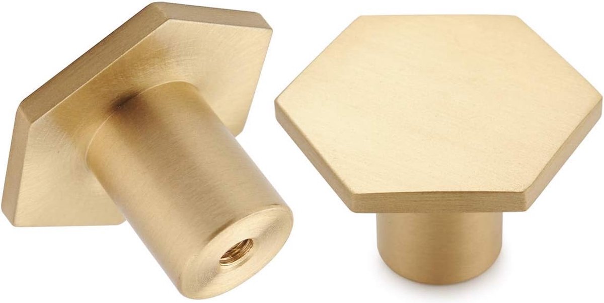 Set van 10 kastknoppen in geborsteld messing, gouden ladeknoppen voor dressoir, 34 x 20 mm, hexagonale handgrepen voor kast en kledingkast.