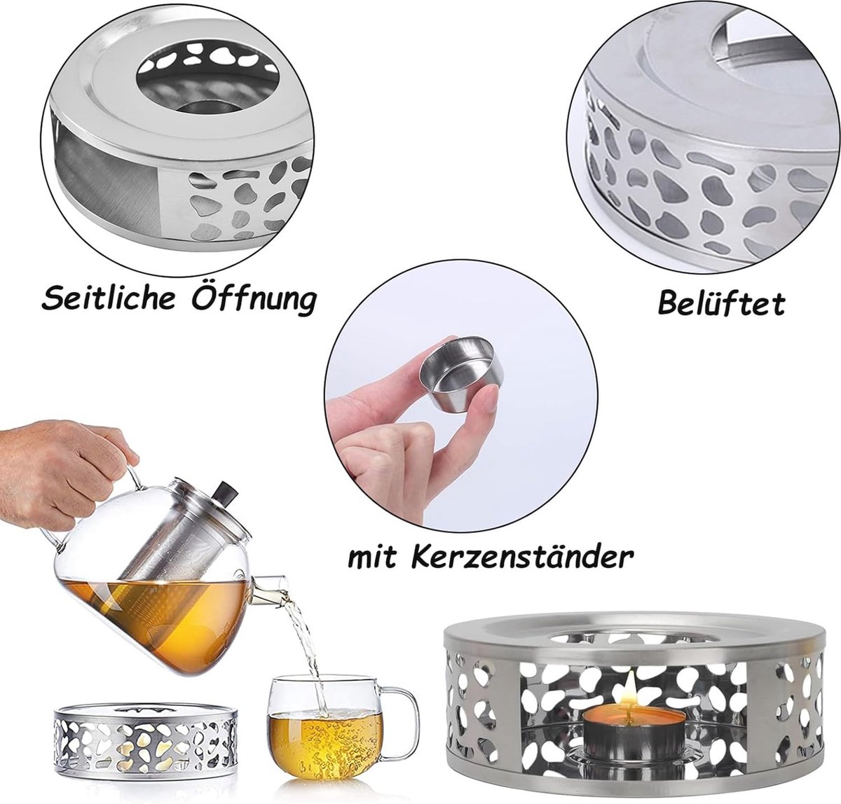 yotutun Stoofje, stoofje van roestvrij staal met theelichthouder, koffiewarmer, theepotwarmer, theewarmer voor het verwarmen van thee, melk, koffie, warme dranken voor alle theepotten (goud