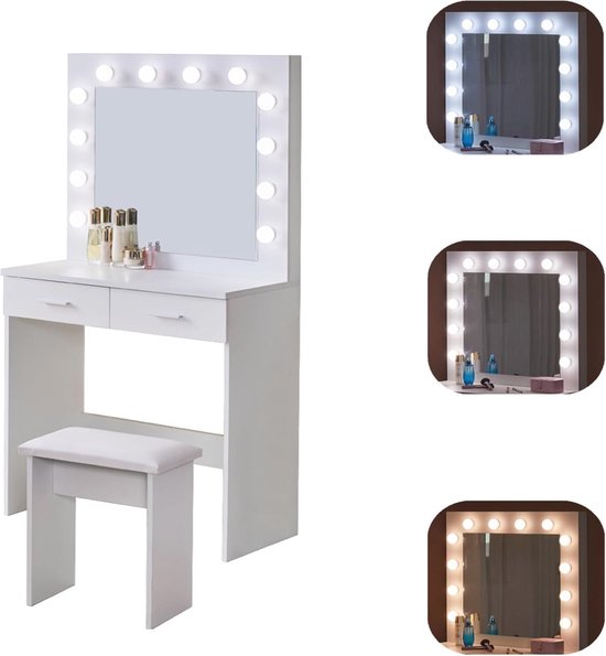 LEMROE wit kaptafel met 2 grote lades en kruk, Hollywood make-uptafel met LED-verlichting, slaapkamermeubilair (wit