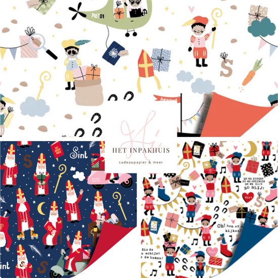 Assortiment Sinterklaaspapier Cadeaupapier Inpakpapier Extra lang en breed - 300 x 100 cm - 3 rollen
