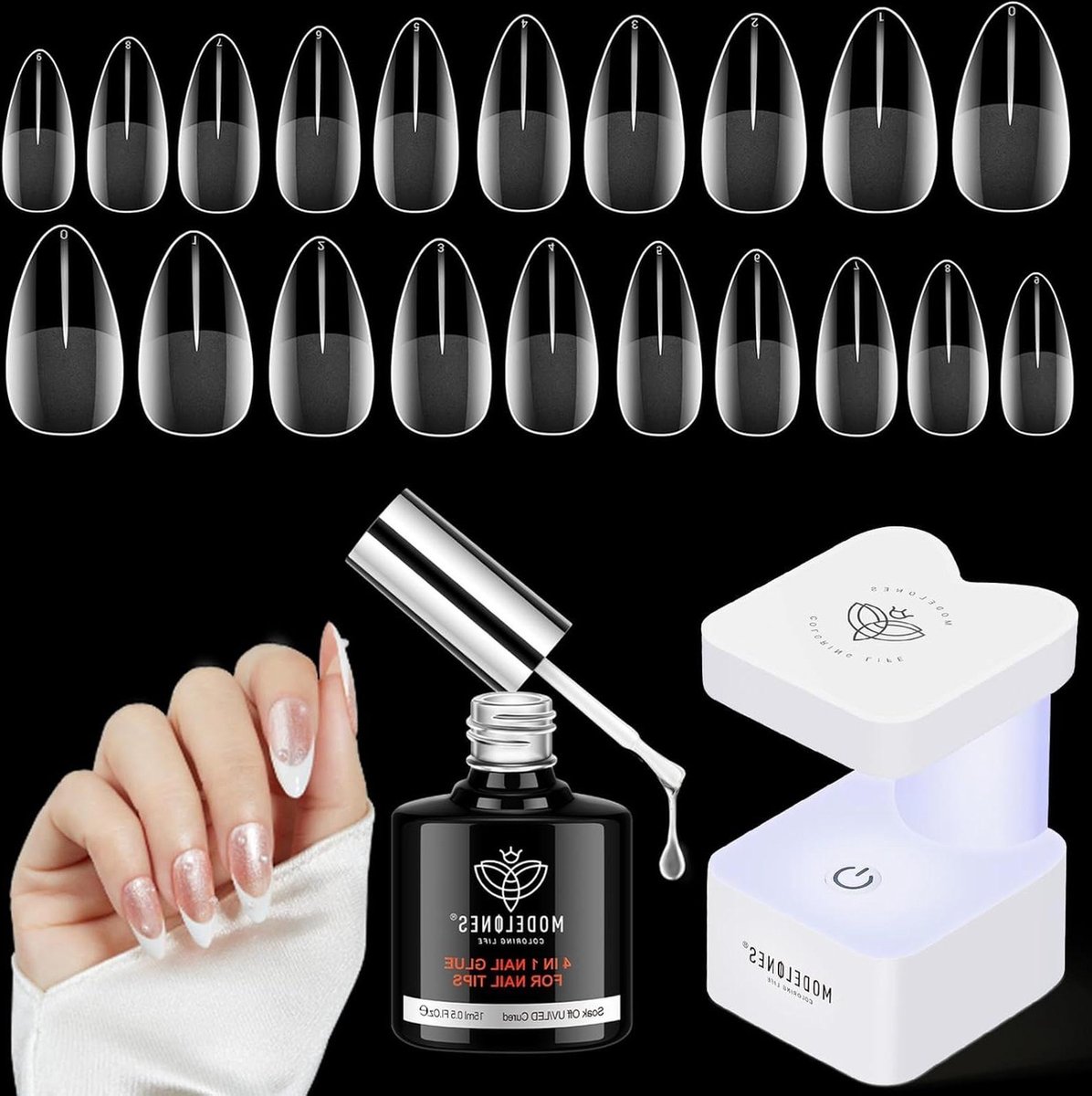 500Pcs Long Press Almond Nail Tips and Glue Gel Kit Ultraportable LED Nail Lamp Enhanced Nail Glue For Acrylic Nails Nail Extension Kit With Set Nail Art