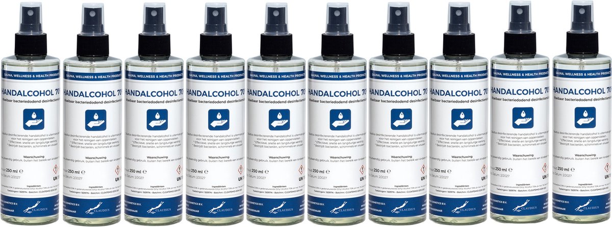 Goedkoopste Handalcohol spray 70 - 250 ml met luxe zwarte verstuiver dop - set van 10 stuks
