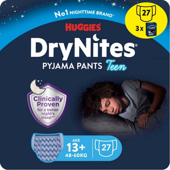 Huggies DryNites luierbroekjes - jongens - 13+ jaar (48 - 60 kg) - 27 nachtbroekjes - voordeelverpakking