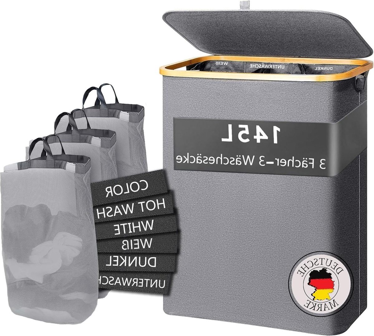 Goedkoopste Wasmand met Deksel en 3 Vakken 145 L - Uitneembare Waszak - 3 compartimenten - Verwijderbare Waszak - Wassorteerder wassorteerder