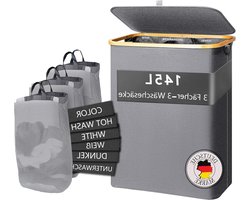 Wasmand met Deksel en 3 Vakken 145 L - Uitneembare Waszak - 3 compartimenten - Verwijderbare Waszak - Wassorteerder wassorteerder